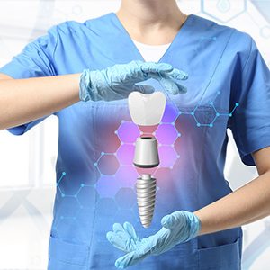 The image shows a person in blue scrubs holding a toothbrush with an embedded electronic device, which is illuminated and appears to be powered on.