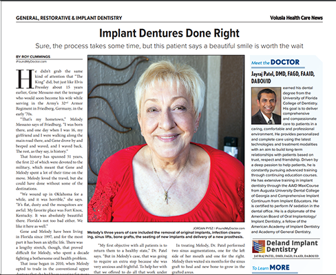 The image is a screenshot of an online news article with a headline that reads  IMPLANT DENTURES DONE RIGHT.  It features a photograph of an elderly woman smiling and looking directly at the camera. She has white hair, wears glasses, and is dressed in a red top. In the background, there s a partial view of a person wearing a blue shirt with some text and logos on it. The image also includes a byline that reads  YOUR HEALTH NEWS  and mentions  GENERAL DENTISTRY  and  IMPLANT DENTISTRY.  There is a small thumbnail image of a person wearing a white coat with the text  DOCTOR  above it, suggesting an interview or feature article. The overall style of the image suggests it is from a newspaper or online news platform.