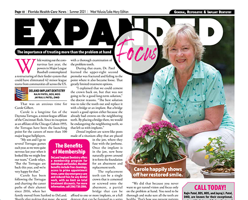 The image is a screenshot of a newspaper page, featuring an article with the headline  EXPANDED  and a woman in a green shirt smiling at the camera.