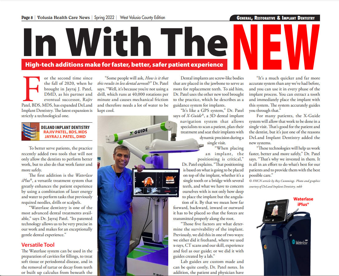 The image is a screenshot of a newspaper article with the headline 'In with the new' and includes a photo of a person in a medical setting, possibly a hospital or clinic, standing next to advanced medical equipment.