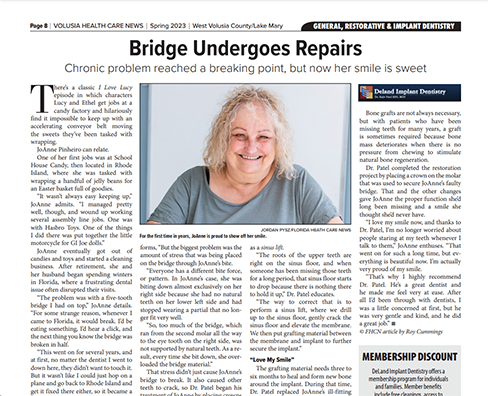 The image is a screenshot of a newspaper article with the headline  Bridge Undergoes Repairs.  It features a woman s face in the upper right corner, and there is text overlaying the image.