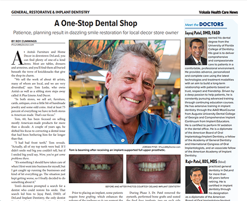 The image is a newspaper article featuring a man, presumably a dentist, smiling at the camera. He appears to be in a dental office setting, and there s an advertisement for a  One-Stop Dental Shop  with a headline that reads  General Restorative   Implant Dentistry.  The article highlights his practice and discusses his experience in smile restoration and local decoration store ownership.