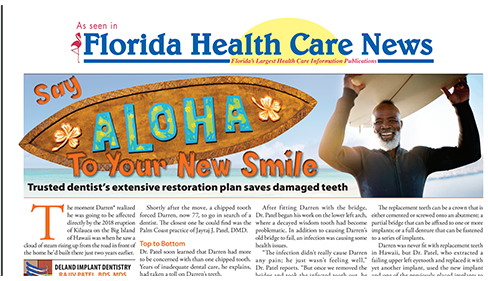 The image is a photograph of a newspaper front page with the headline  Florida Health Care News  and features an advertisement for dental services, a story about a man holding a surfboard, and a colorful graphic promoting a local business.