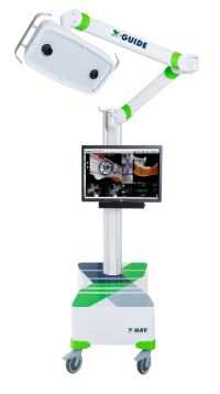 The image shows a mobile cart with a mounted monitor displaying medical imaging, such as an MRI or CT scan. The cart has a digital interface and is equipped with a robotic arm that appears to be designed for precision manipulation of the imaging equipment.