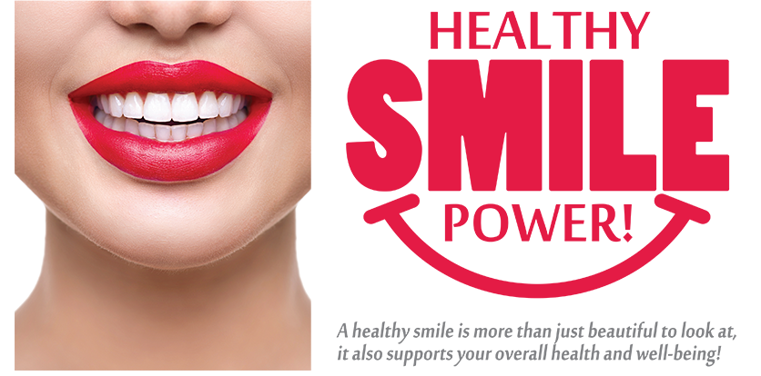 The image features a woman s face with red lipstick, overlaid with text that reads  HEALTHY SMILE POWER.