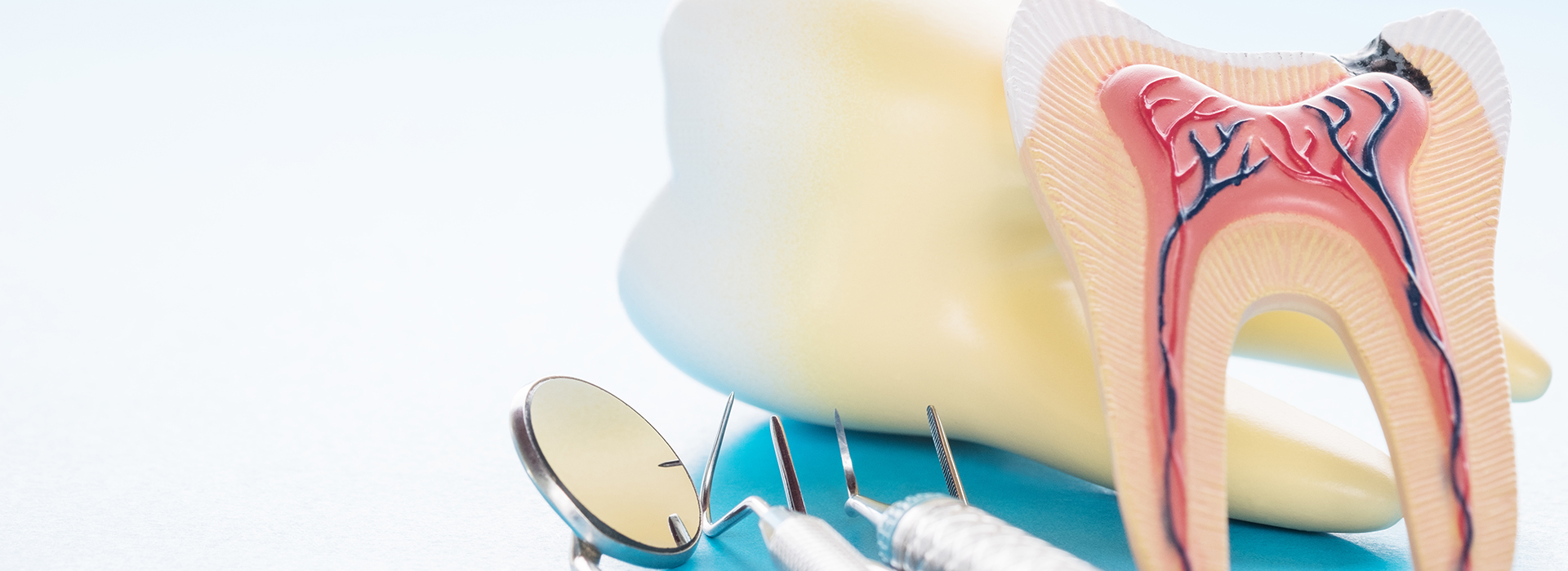 An image of a toothbrush with a toothpaste squeeze tube, a dental floss container, and a mouth model with teeth in the background.