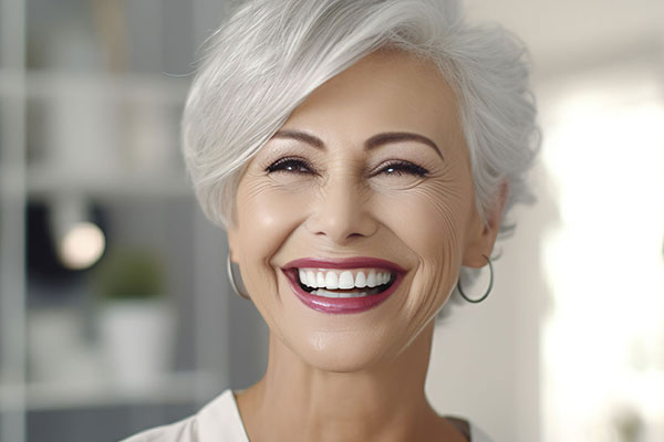 A smiling woman with gray hair, wearing a white top and earrings.